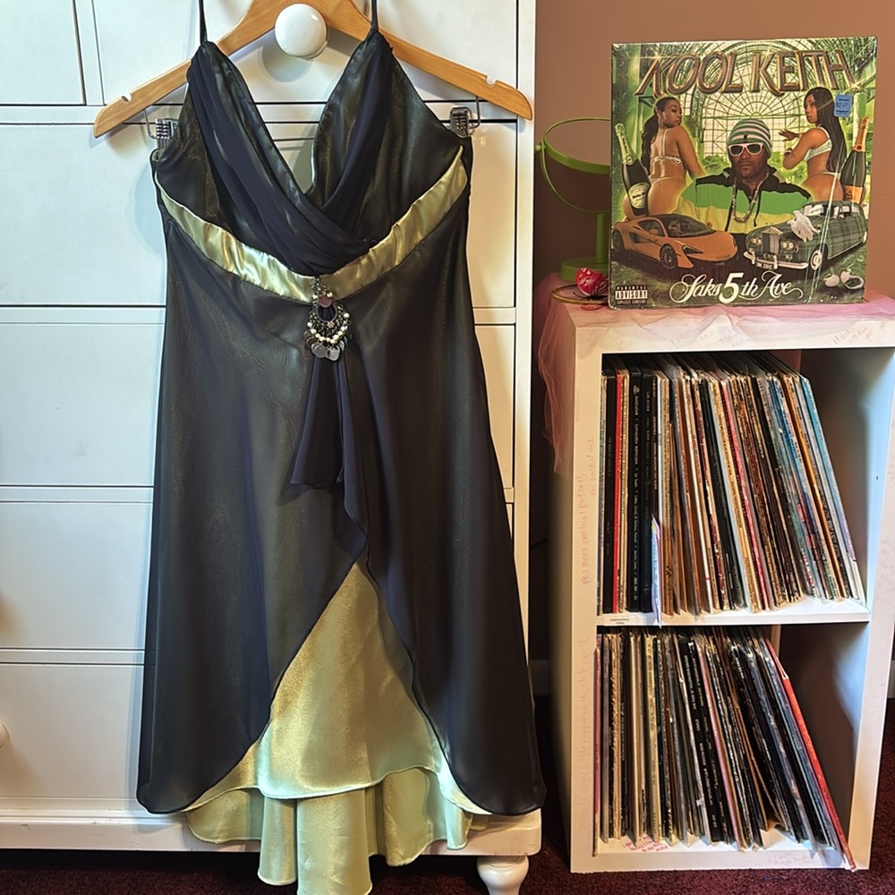 Vintage y2k Halter Dress Black Green Betsey Johnson Whimsy Goth Fairy Mini Bias